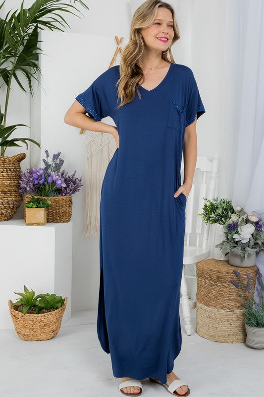 PLUS SOLID RHINESTONE MAXI DRESS