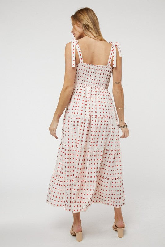 PRINTED SMOCKED RUFFLE MAXI DRESS