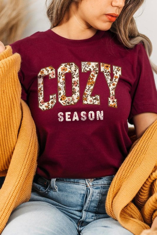 cozy season maroon fall t shirt with a floral print design