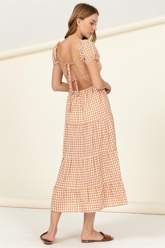 SOMEWHERE TO GO TIE-BACK GINGHAM PRINT MAXI DRESS