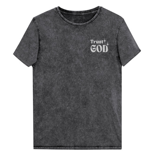 Trust God Embroidered Denim T-Shirt