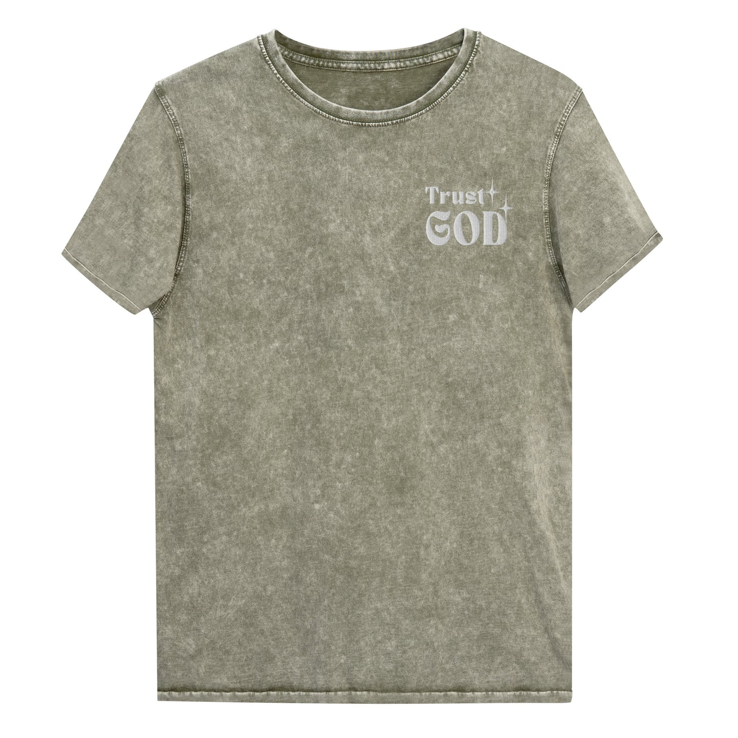 Trust God Embroidered Denim T-Shirt