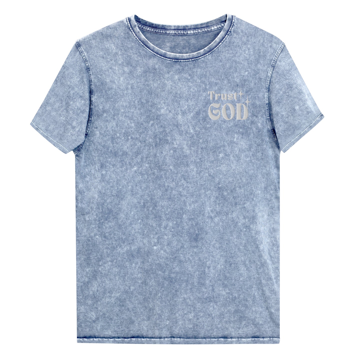 Trust God Embroidered Denim T-Shirt