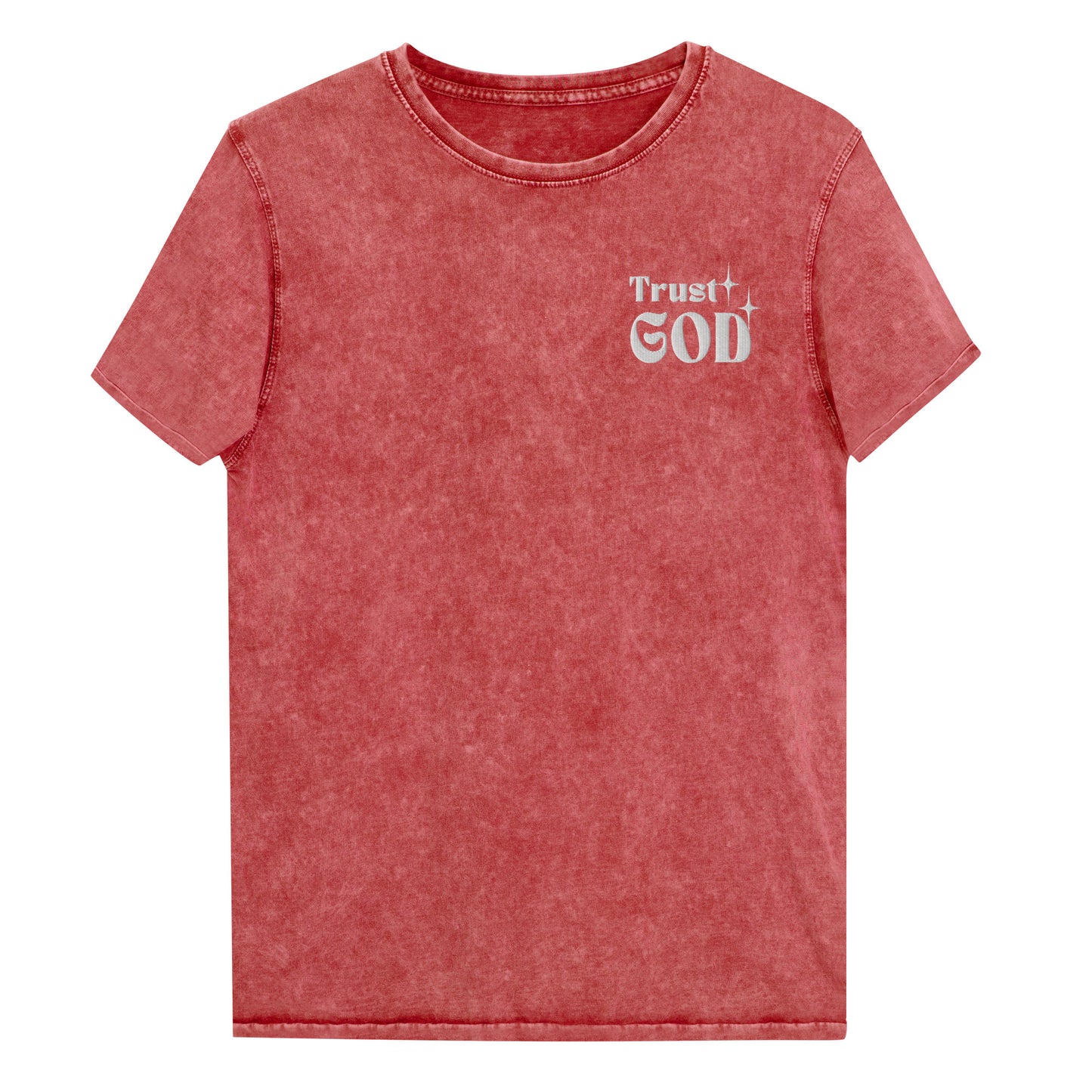 Trust God Embroidered Denim T-Shirt