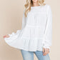 Swiss Dots Pom Pom Ruffle Hem Peplum Blouse Tops