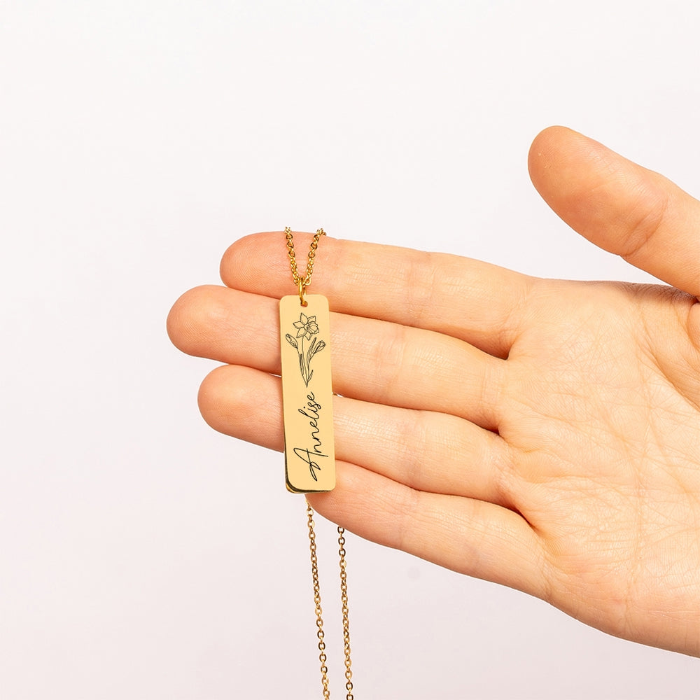 Personalized Name & Birthflower Bar Necklace