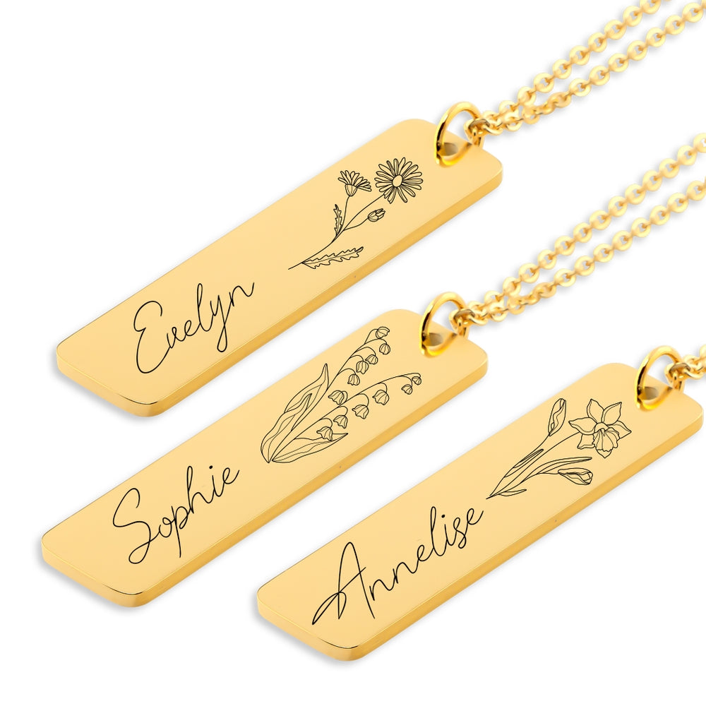 Personalized Name & Birthflower Bar Necklace